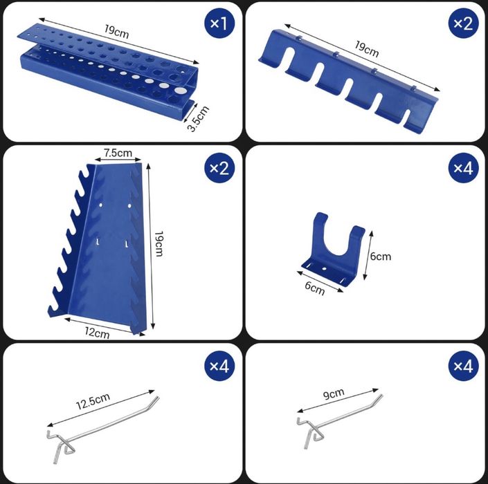 Panel perforowany do warsztatu z 17 haczykami i uchwytami – 118 x 59,5 cm, niebieski