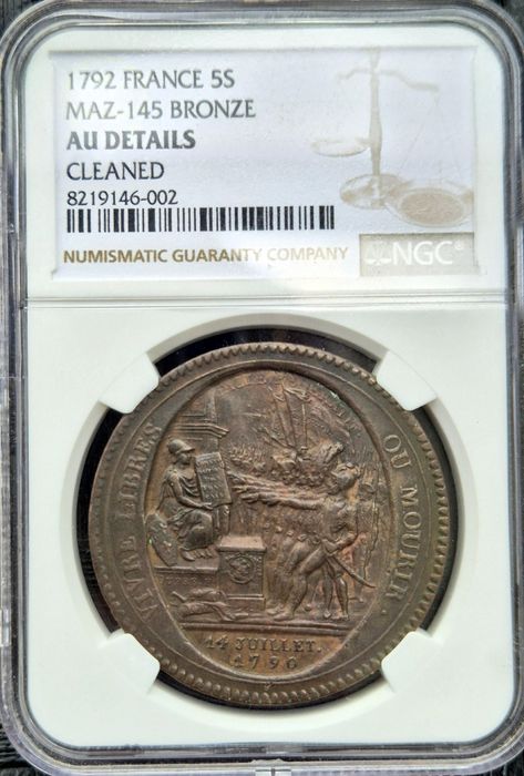 Moneta Rewolucji Francuskiej - 5 soli - żeton Monneron - grading NGC