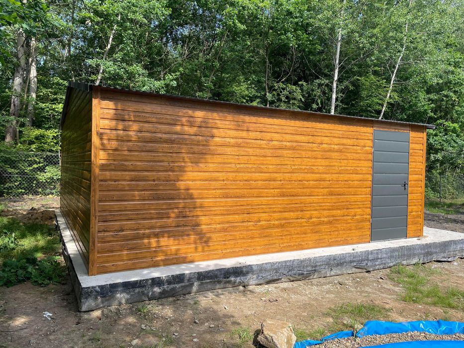 Garaż blaszany 6x5.8, złoty dąb. KONSTRUKCJA OCYNK. PRODUCENT.