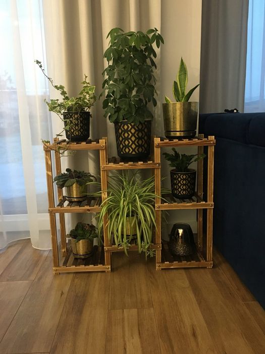 Kwietnik drewniany stojący, 5 poziomów, 8 doniczek, rustykalny