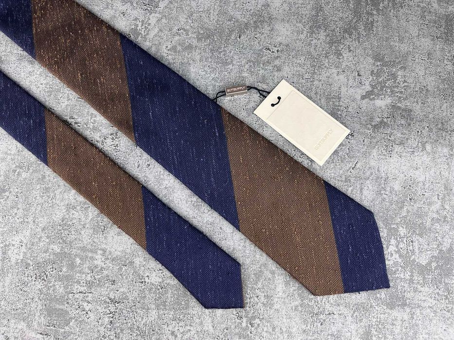 NOWY krawat szantung regimental SuitSupply granatowo-brązowy pasy tie