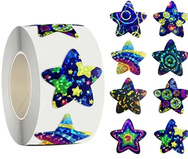 Rolo com 500 Adesivos Holográficos em Forma de Estrela – 2,5cm Cada