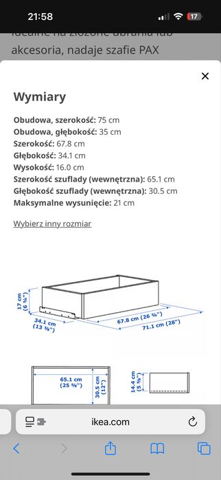 Szuflady 2 szt. białe IKEA KOMPLEMENT do szafy Paxx 75x35 cm