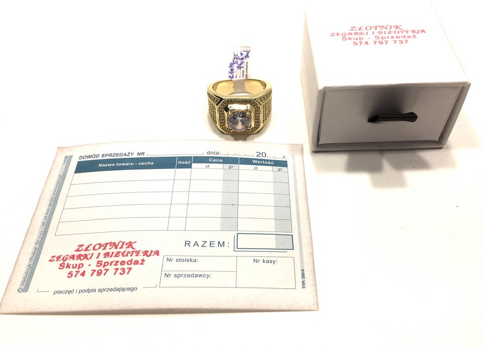 Złoty męski sygnet z Moissanitem wybita próba 585 pozłacany ogniowo14K