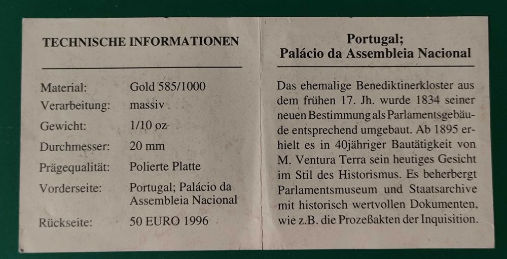 Rara Moeda Medalha Proof de ouro 50 euros - 2.835  gr - 14 K - 1996
