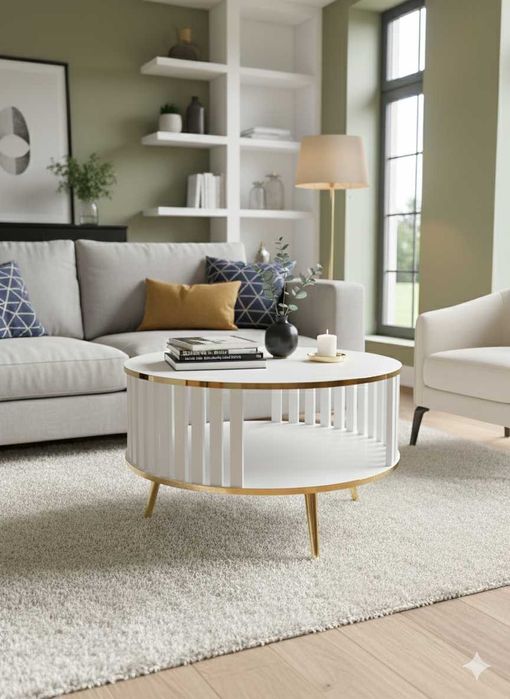 Stolik kawowy/Ława Lingo okrągły biały/złoty, szerokość 80 cm