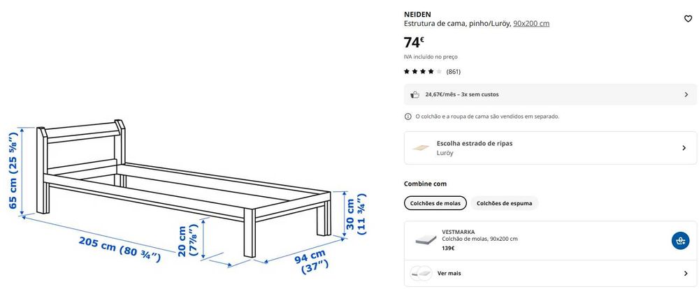 Cama solteiro NEIDEN 90x200cm com estrado LURÖY