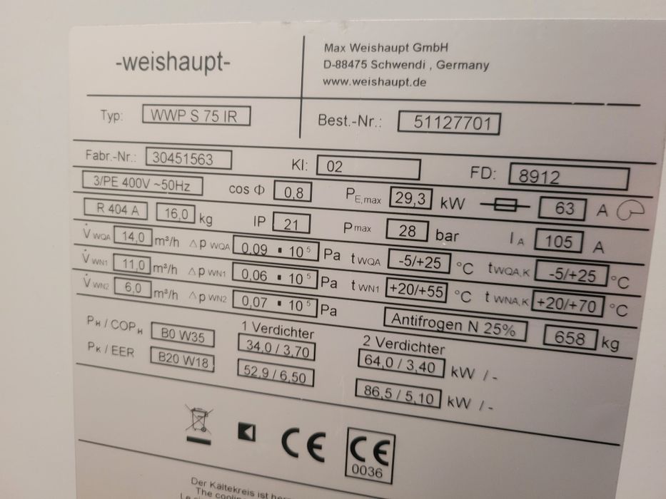 Pompa ciepła 65 / 85 KW glikol WEISHAUPT DANFOSS woda woda gruntowa