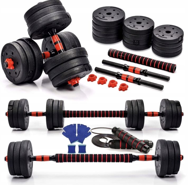 Hantle 2x10kg plus gryf sztanga  20kg MEGA ZESTAW skakanka rekawice