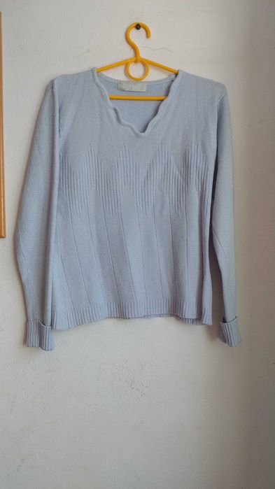 Dong da M L Jasno niebieski baby blue sweterek z długim rękawem we wzorek paski prążkowany
