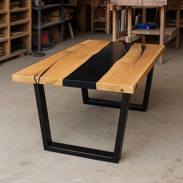 Stół do jadalni zalewany czarną żywicą