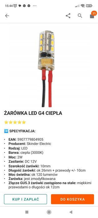 Żarówka LD G4 10mm 2W DC 12V 3000K Biały Ciepły
