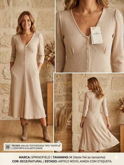 Vestido Midi Springfield - Bege Texturizado (Waffle) - Springfield M