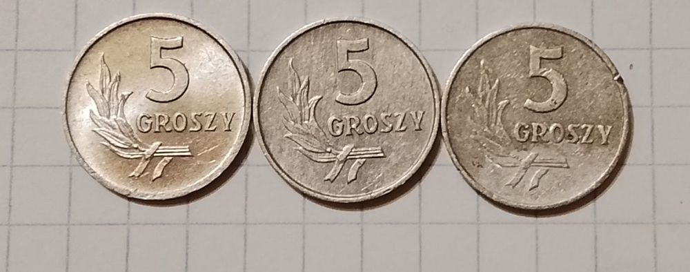 Monety 5 groszy PRL 1961r. Brak Mennicy 1971r.; 1972r.  Cena za całość