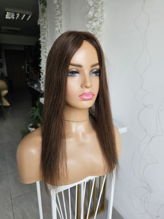 Topper Anna z włosów naturalnych uzupełnienie włosów, przedziałek z imitacją skóry 50 cm