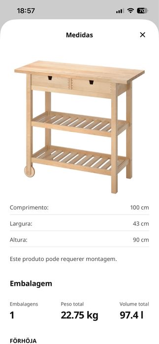 Carrinho de cozinha, bétula, 100x43 cm FÖRHÖJA ikea