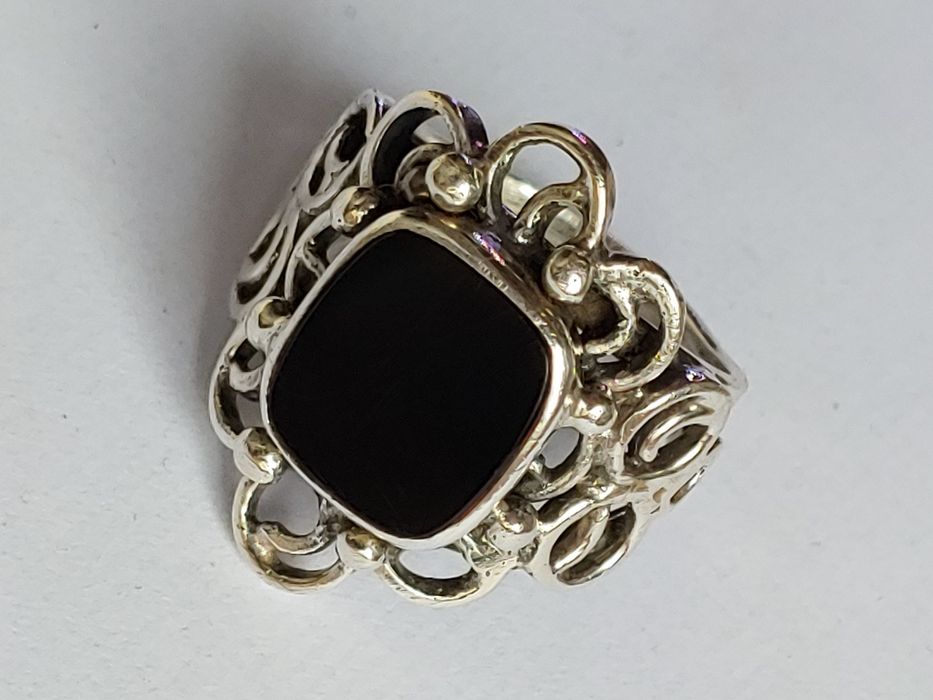 Orno stary srebrny pierścionek onyx PRL srebro rękodzieło