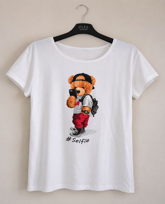 Biały T-shirt Damski z Misiem #Selfie | Rozmiar L