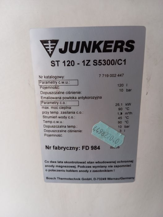 Piec gazowy Junkers z zasobnikiem wody 120l