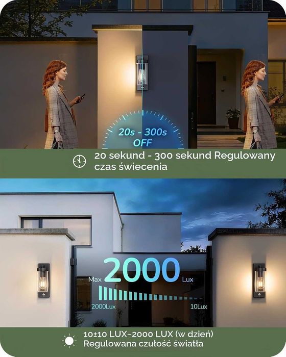 EDISHINE Zewnętrzna lampa ścienna z czujnikiem ruchu, aluminium, nowoczesna lampa ścienna z czujnikiem zmierzchu, gniazdo E27