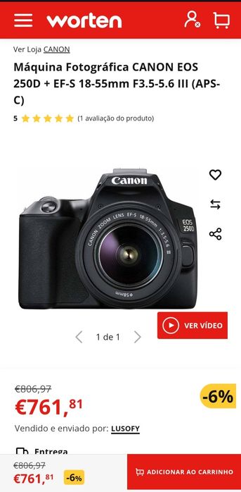 Máquina fotográfica Canon EOS 250D + objetiva + bolsa + tripé