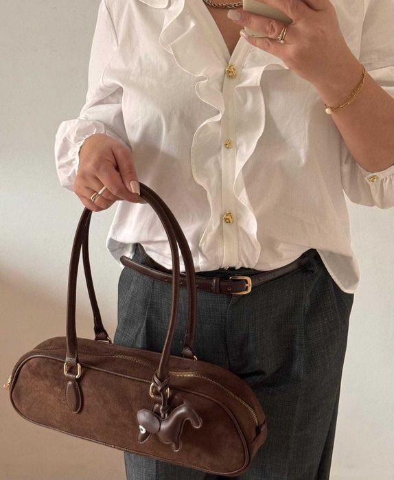 Torba torebka Gallantry Paris czekoladowa na ramię jamnik zamsz brąz