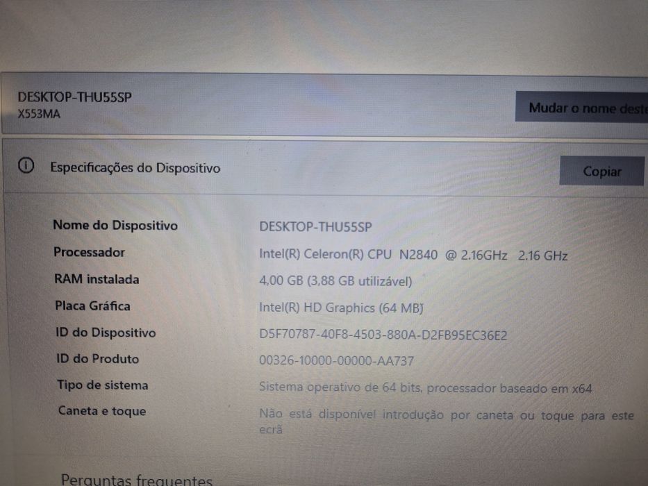 Portátil Asus F553M com disco SSD Samsung 500gb