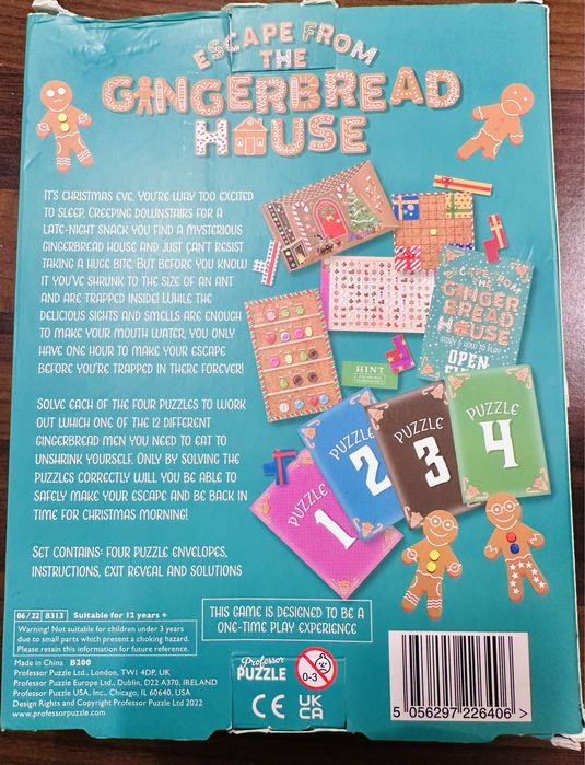 Professor Puzzle, Gingerbread House, escape room, ang.