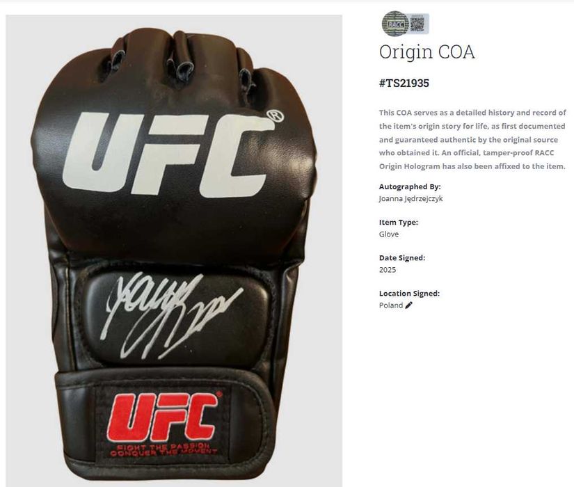 Joanna Jędrzejczyk UFC MMA rękawica z autografem + certyfikat autent.