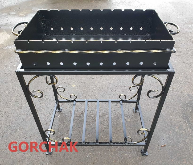 Мангал на 10 шампурів, сталь 4 мм, на прямокутній стійці з дровницею