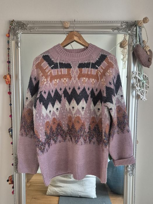 Wzorzysty ciepły sweter, liliowy, lawenda, islandzki,  r.M