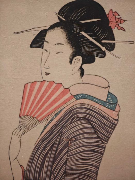 Drzeworyt /washi Gejsza z wachlarzem  Artysta japonski Chobunsai Eishi