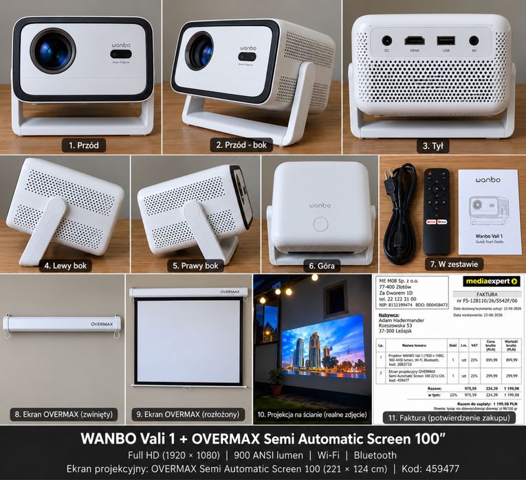 Projektor WANBO Vali 1 – Full HD 1080p / 900 ANSI / Wi-Fi / Bluetooth wraz z Ekranem