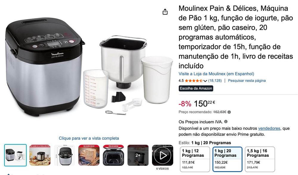 Máquina de Pão Moulinex Pain & Délices – 1kg | 20 Programas