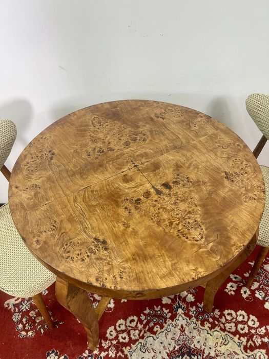 Stół okrągly Art Deco lata 60 fornir korzeń orzech śr 76 vintage