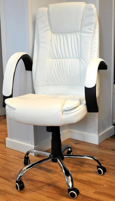 Wygodny FOTEL BIUROWY Krzesło Biurowe TILT Chrom Obrotowy Biały FV 23%