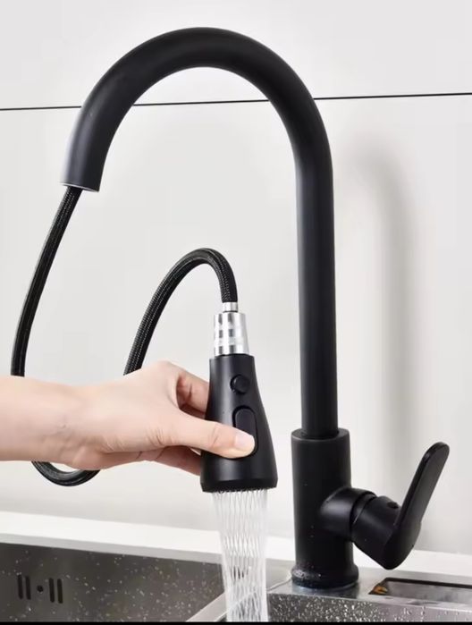 Змішувач чорний з висувною лійкою з висувним носиком кран для кухні