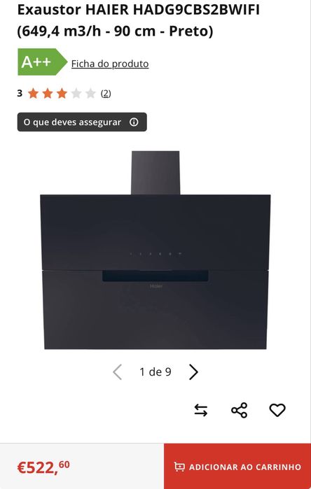 Exaustor HAIER Haiee novo na caixa modelo HADG9CBS2BWIFI (649,4 m3/h - 90 cm - Preto)