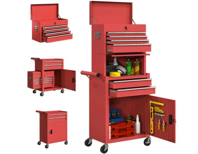 Carrinho de Ferramentas HOMCOM – 6 Gavetas, Rodas, Painel Perfurado