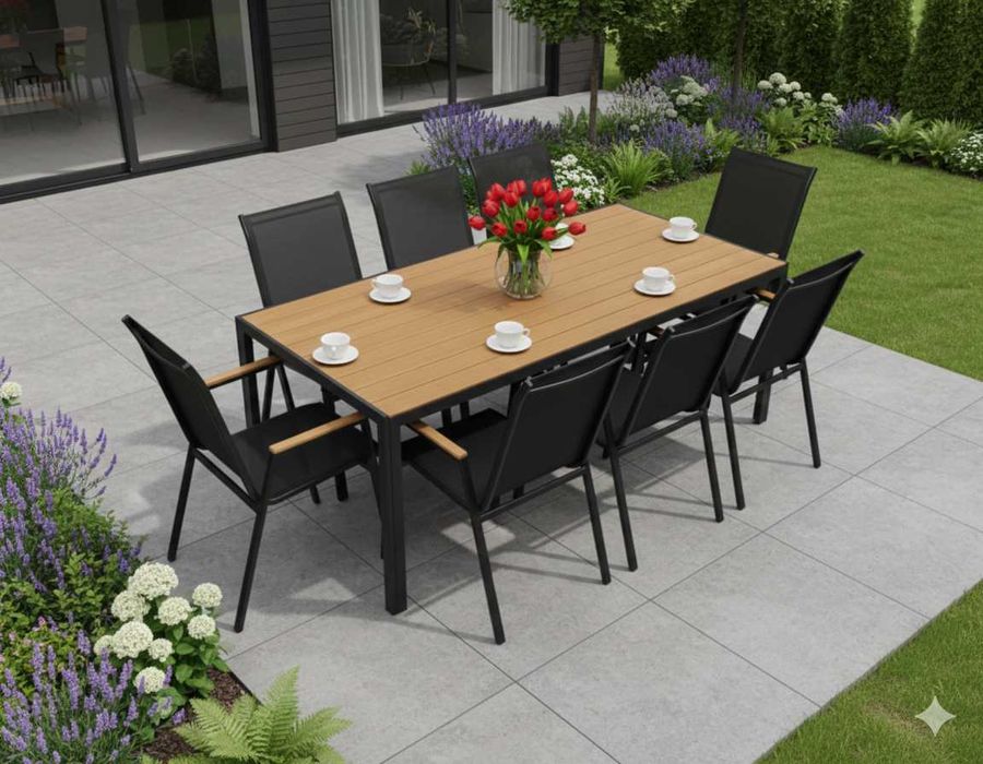 DUŻY Zestaw Mebli Ogrodowych 8 Osób Aluminiowy Stół 190cm + 8 Krzeseł