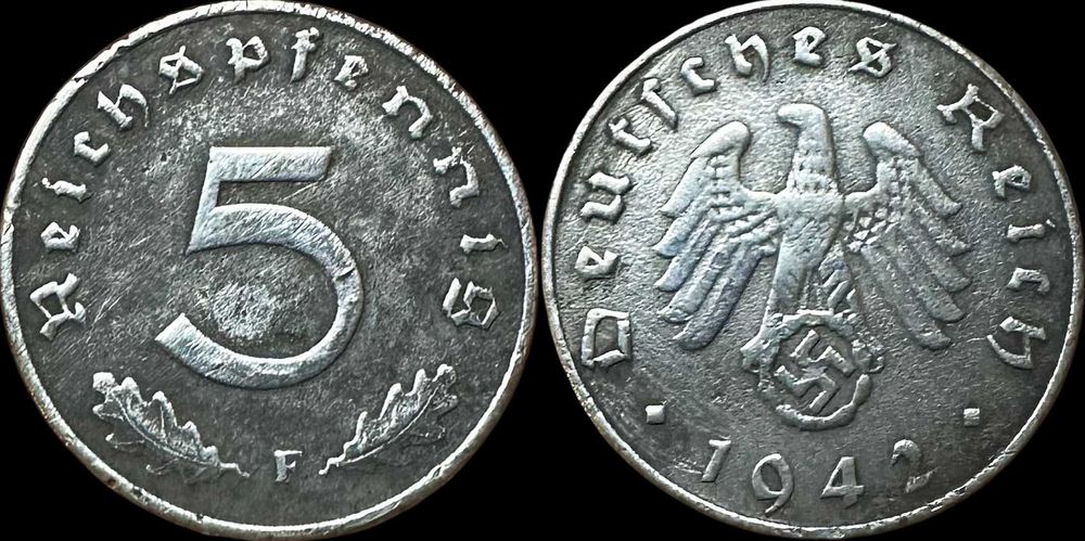 5 Reichspfennig - 1942 - Alemanha - F - Stuttgart (Zinco)