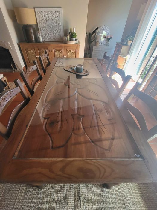 mesa, grande, refeições, cadeiras, talha, mexicano rustico