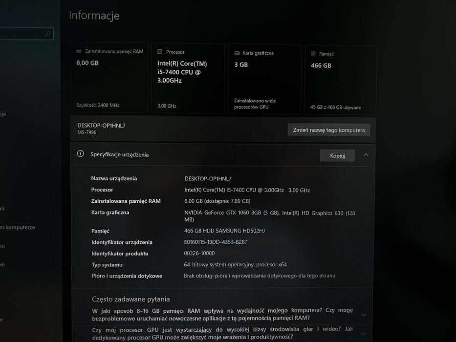 Komputer stacjonarny i5 7400, GTX 1060, Windows 10