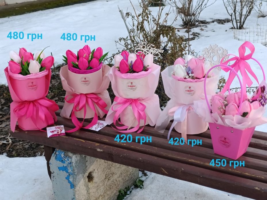 Букети з мильних квітів на 8 березня,тюльпани мильні