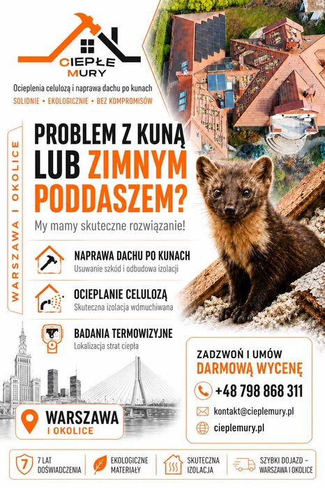 Naprawa dachu po KUNIE WARSZAWA - Naprawa dachu PO KUNACH, ocieplenia CELULOZĄ