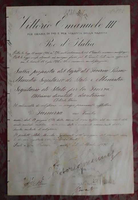 Mussolini - Documento assinado por Mussolini e Rei de Itália - 1926