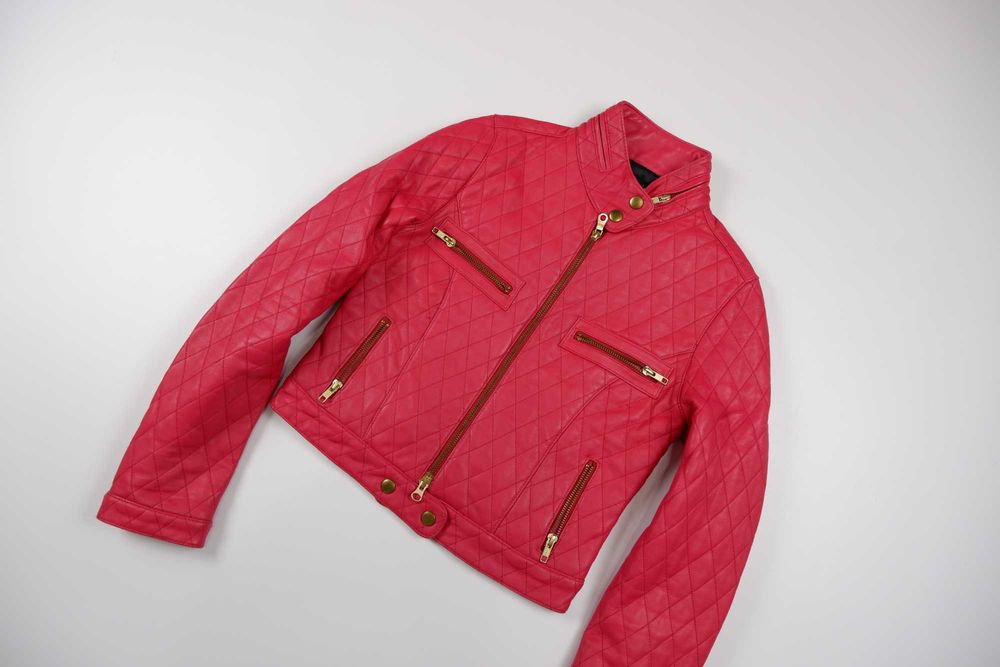 Куртка косуха кожаная натуральная стеганная укороченная розовая xs