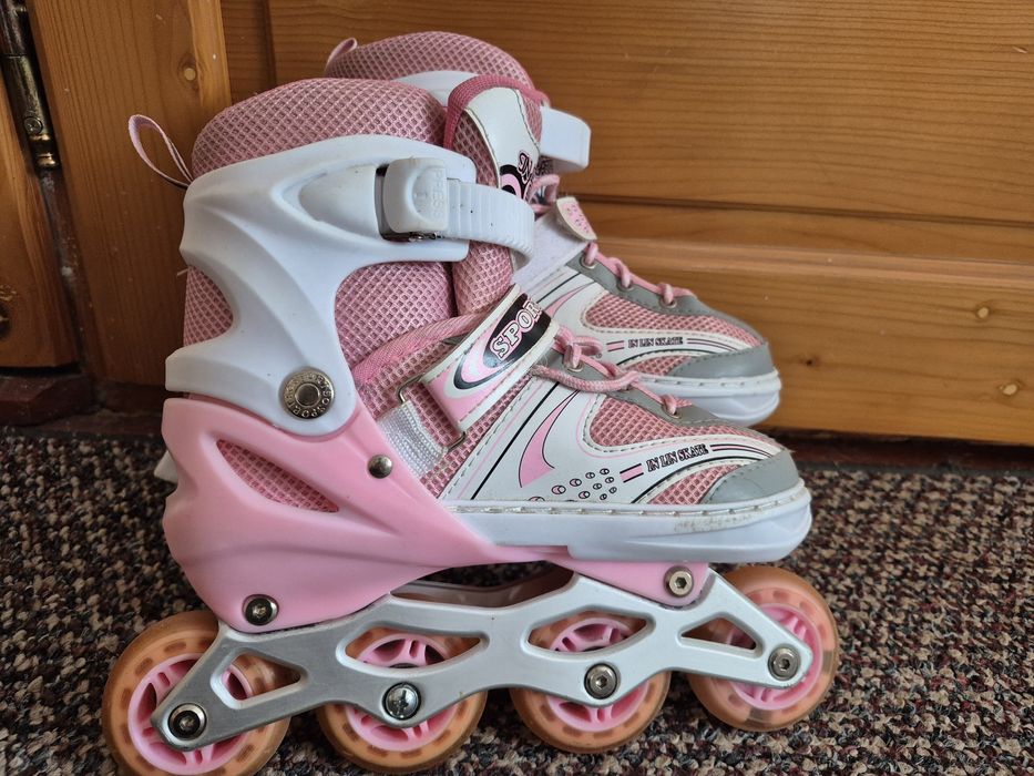 Дитячі ролики з комплектом захисту, рожеві роликові ковзани 34-38.