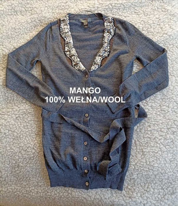 Szary sweter kardigan mango wełniany
