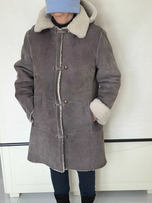 kożuszek szary naturalny  lekki, jasne futerko 7/8 kaptur odpinany xxl